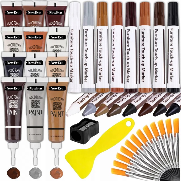 Kit reparatii suprafete din lemn NewEvo, 8 Markere cu Cerneala Uleioasa, 8 Creioane Cerate, 12 Tuburi Vopsea, 12 Pensule, Ascutitoare