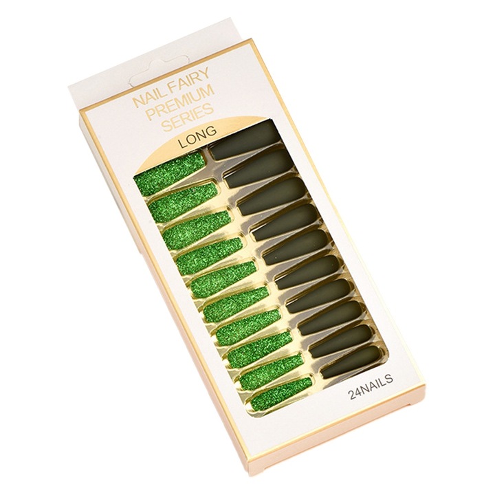 Köröm készlet csillogó/matt, ABS, zöld/fekete, 24 db-os