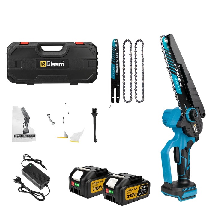Elektromos láncfűrész, 8 hüvelyk, 2 akkumulátor, ergonomikus kialakítás, tartozékok, beleértve a kesztyűt és a védőszemüveget