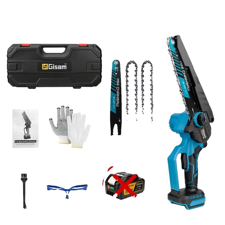 Elektromos láncfűrész, 8 hüvelykes, kefe nélküli motor, strapabíró kivitel, komplett készlet tartozékokkal