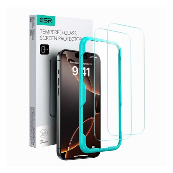 Esr képernyővédő üveg 2db, 2.5d, 0.33mm, 9h + segédkeret, átlátszó, kompatibilis: Apple iPhone 15 Plus / iPhone 16 Plus