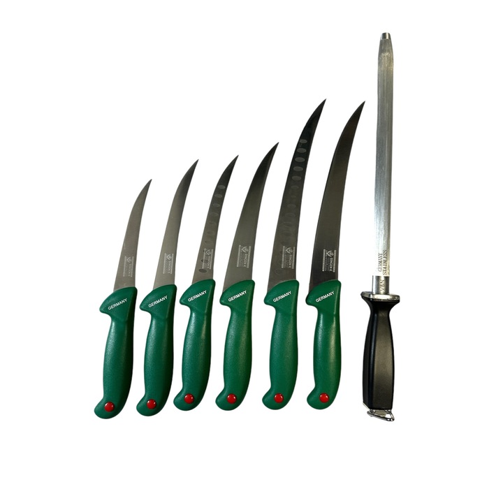 Set 6 cutite profesionale macelarie transat, dezosat si degresat coshop®, masat pentru ascutit, otel inoxidabil, verde