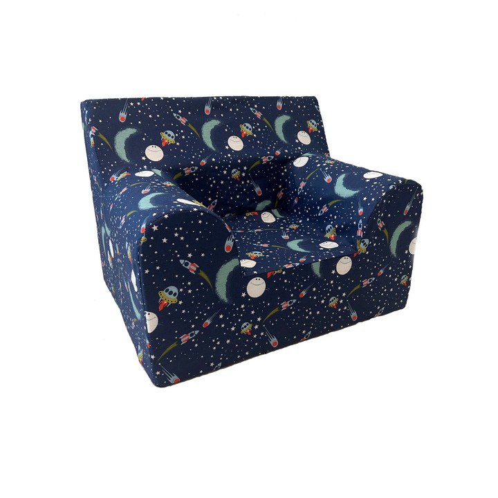 Fotoliu pentru Copii, Albastru Inchis cu Rachete in Spatiu, Bumbac, TWINDECO Rockets Kids Armchair