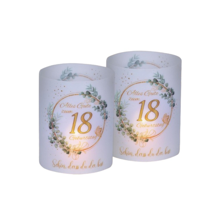 Set de 16 decoratiuni de masa, aniversare de 18 de ani, "La multi ani" in limba germana, Alb si auriu