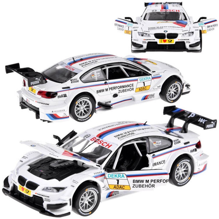 Masina sport BMW M3 DTM din metal cu efecte de sunet si lumina in alb la scara 1:32