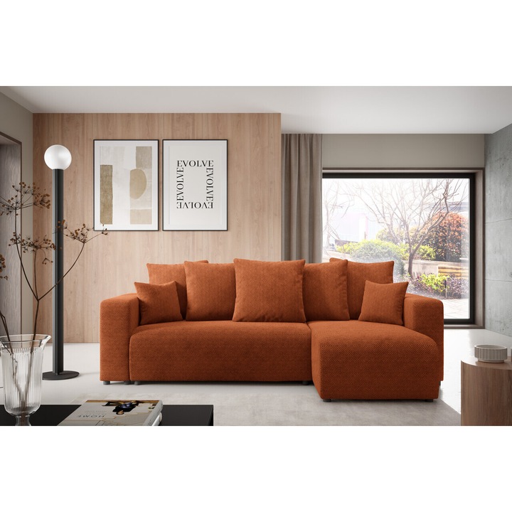 Coltar extensibil EVORA L, material Onega, functie de somn 200x135cm, cu loc de depozitare, multicolor