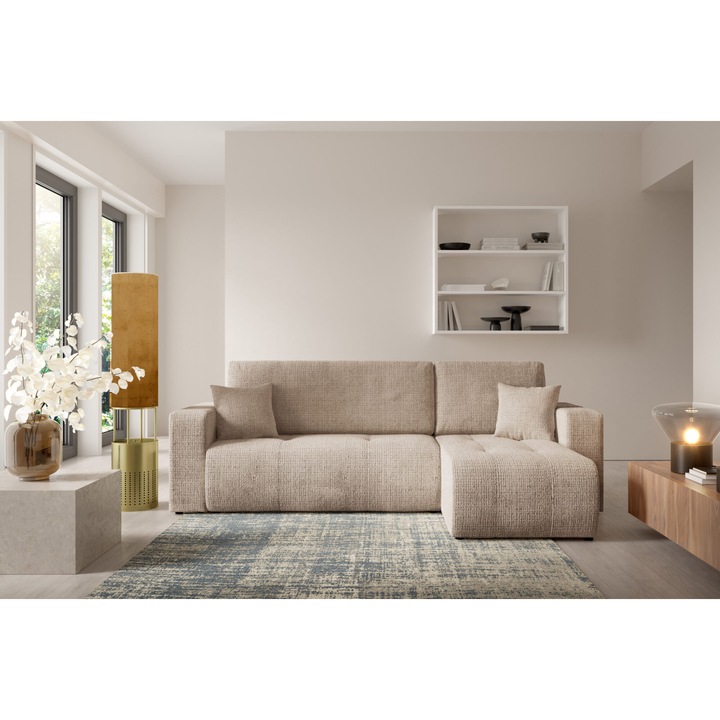 Coltar extensibil VELO, functie de somn 200x135cm, cutina pentru lenjerie, cremona 24