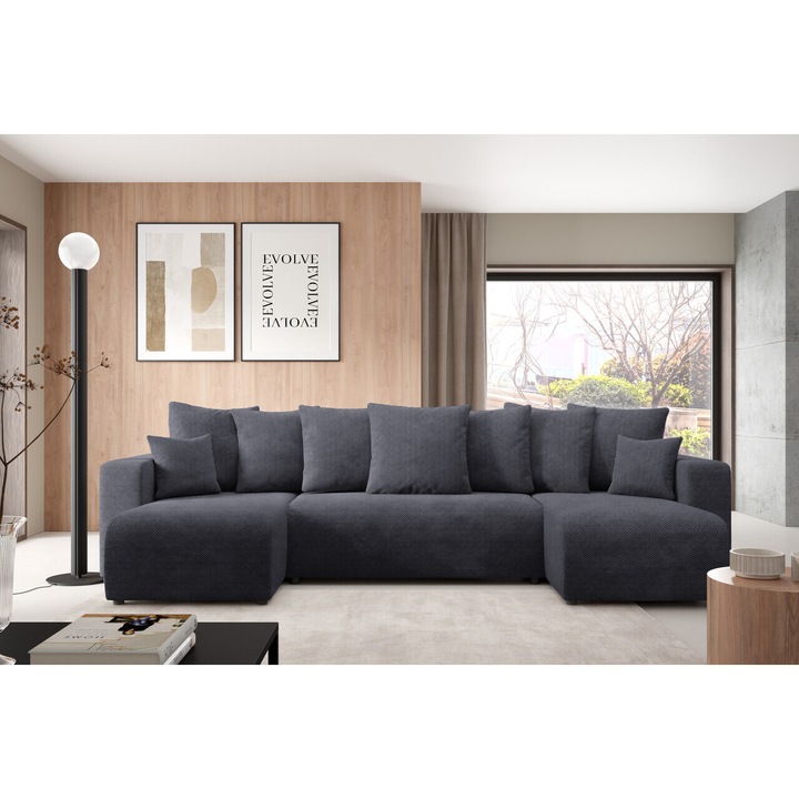 Coltar extensibil EVORA U, functie de somn 270x135cm, cutina pentru lenjerie, material Onega, 9 culori disponibile