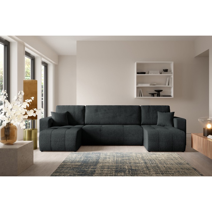 Coltar extensibil VELO U, cu functie de somn 270x135cm, cu container pentru lenjerie, tesatura Cremona, multicolor