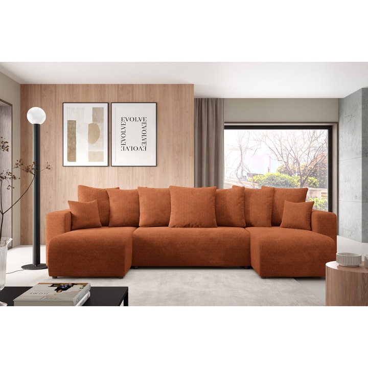 Coltar extensibil EVORA U, functie de somn 270x135cm, cutina pentru lenjerie, material textil Onega, multicolor