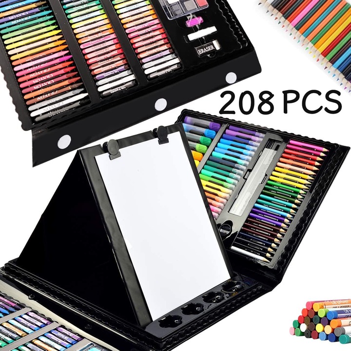 Set de pictura, Kraftpunkt®, 208 piese, creioane colorate, acuarele, vopsea pastel in ulei, 40 de coli A4, negru