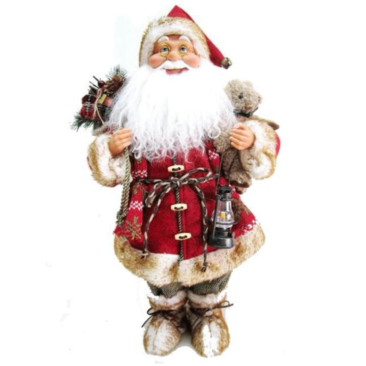 Figurina decorativa mos craciun cu felinar & ursulet 45cm