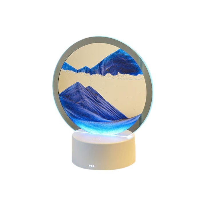 Lampa decorativa cu nisip miscator albastru, LED RGB 16 culori, control tactil si telecomanda, alimentare USB sau baterii, 20 cm