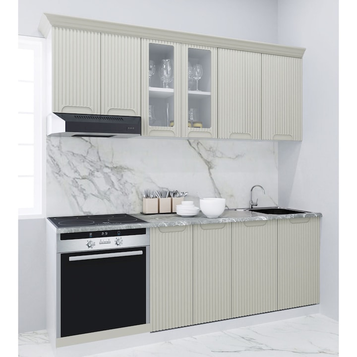 Set bucatarie cu soft-close si fronturi MDF, Badenmob, seria Space, 200cm, Crem