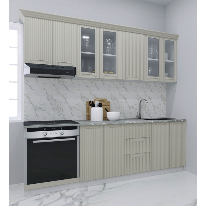 Set bucatarie cu soft-close si fronturi MDF, Badenmob, seria Space, 220cm, Crem