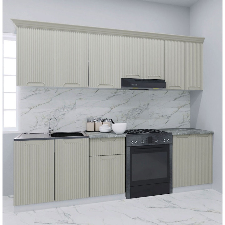 Set bucatarie cu soft-close si fronturi MDF, Badenmob, seria Space, 240cm, Crem