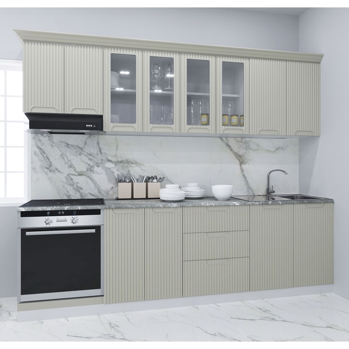 Set bucatarie cu soft-close si fronturi MDF, Badenmob, seria Space, 260.02cm, Crem