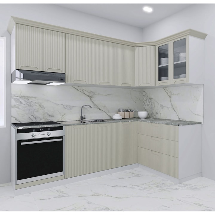 Set bucatarie Colt cu soft-close si fronturi MDF, Badenmob, seria Space, 240/140 Crem, montaj reversibil