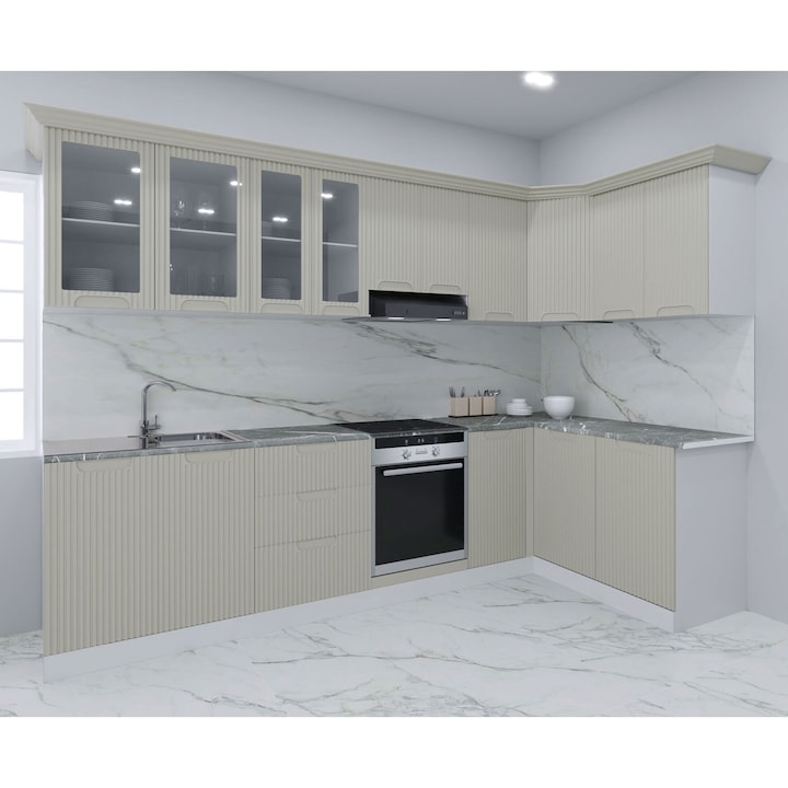 Set bucatarie Colt cu soft-close si fronturi MDF, Badenmob, seria Space, 300/140cm, Crem, montaj reversibil