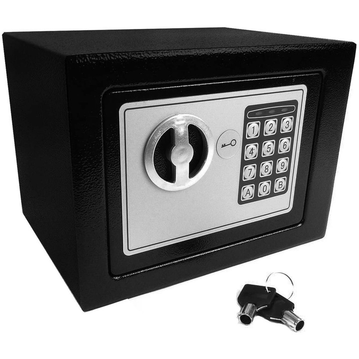Seif cu cod electronic si cheie, culoare: negru material: otel, altele: ABS + PVC + fier alimentare: 4x baterie AA (inclusa) dimensiuni (lungime/latime/inaltime): 23/17, 5/17 cm greutate: 2, 5 kg greutate cu ambalaj: 2, 7 kg