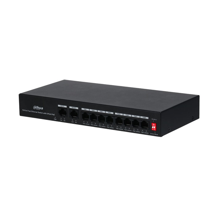 Switch 10 porttal Dahua PFS3010-8ET-65, 2000 MAC, felügyelet nélkül, 250 m, PoE