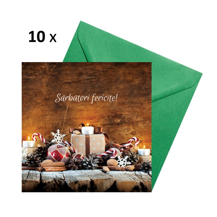 Set 10 felicitari Craciun decor rustic, cu plicuri verzi 130x130 mm