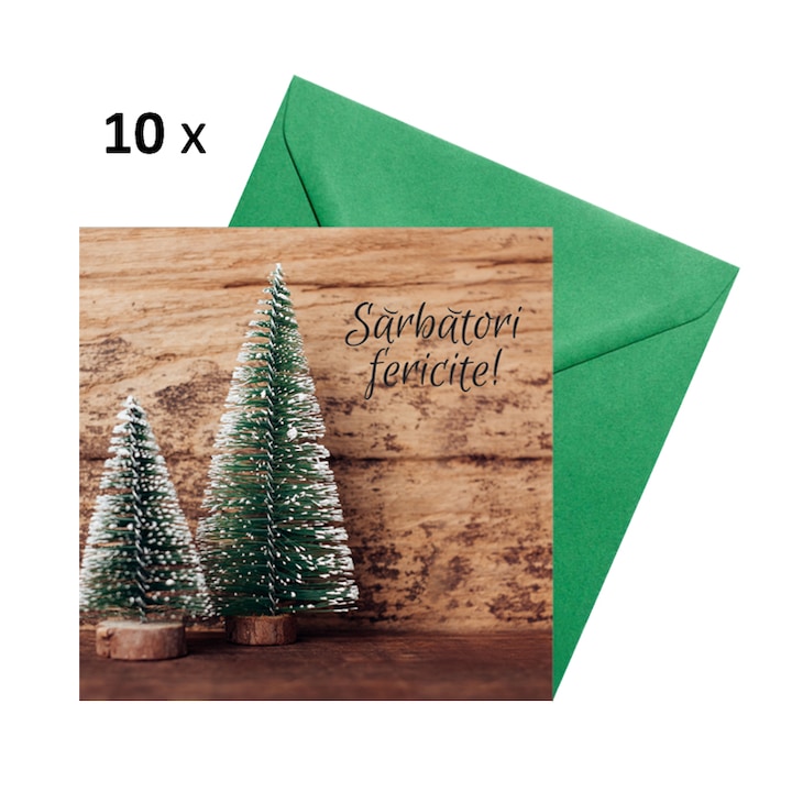 Set 10 felicitari Craciun decor rustic braduti, cu plicuri verzi 130x130 mm