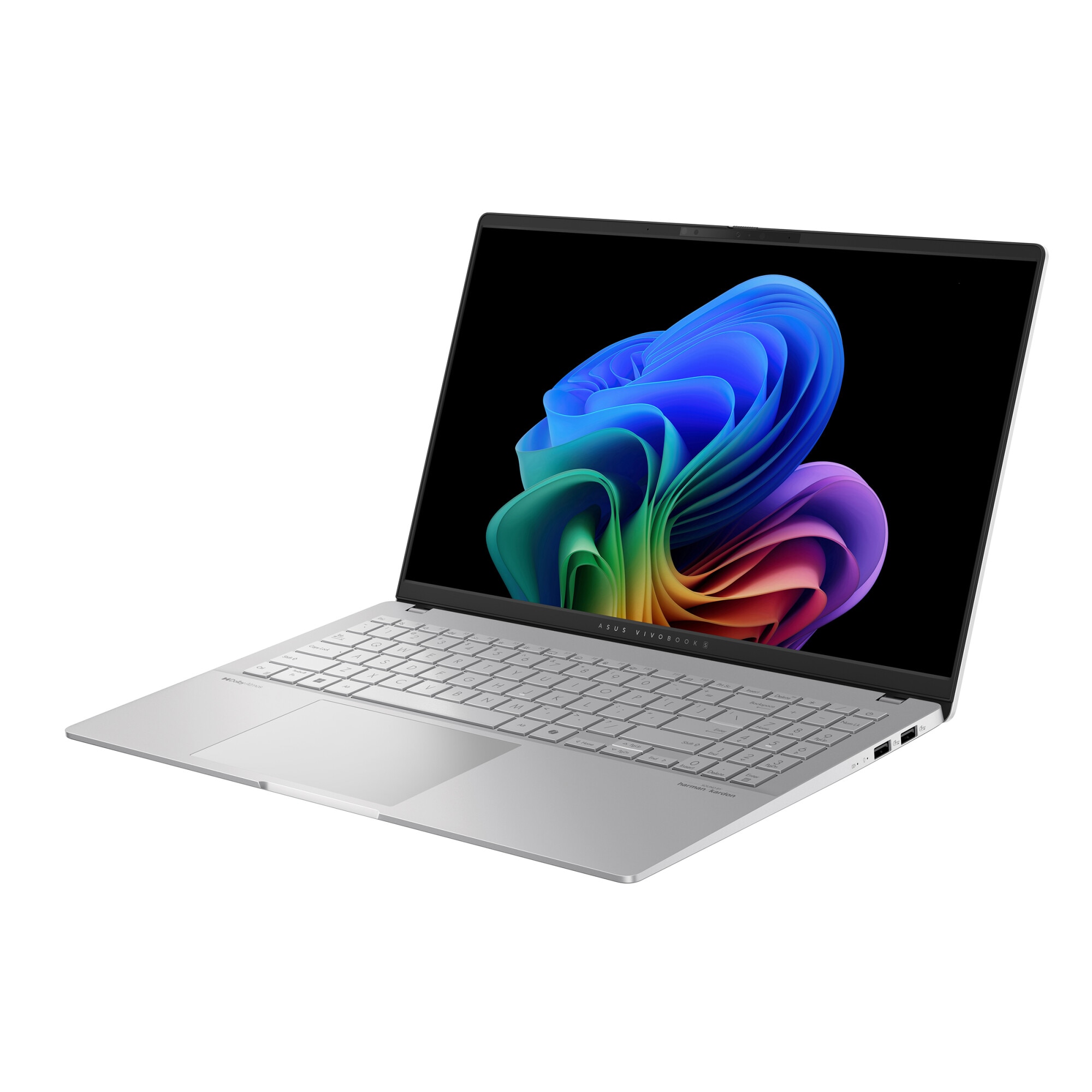 Laptop ASUS Vivobook S 15 K5507QA cu procesor Snapdragon® X Plus X1P 42 100 pana la 3.4GHz, 15.6'', 3K, OLED, 120Hz, 16GB LPDDR5X RAM, 1TB SSD, Qualcomm® Adreno™ GPU, Windows 11 Home, Cool Silver