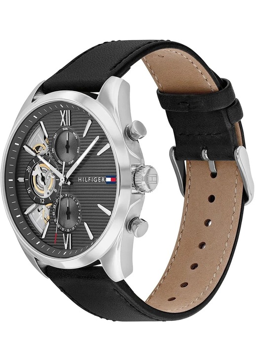 Ceas barbatesc Tommy Hilfiger Baker Open Heart, mecanism quartz Seiko VX9N, carcasa inox, curea piele neagra, rezistent la apa 50m, gri