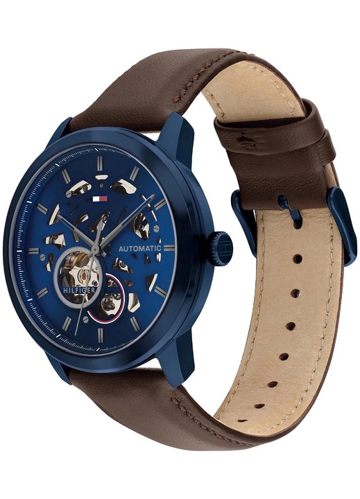 Часовник Tommy Hilfiger Henry Open Heart Automatic, механизъм Seagull TY2836, тъмносин, кафява кожена каишка, водоустойчив 50м