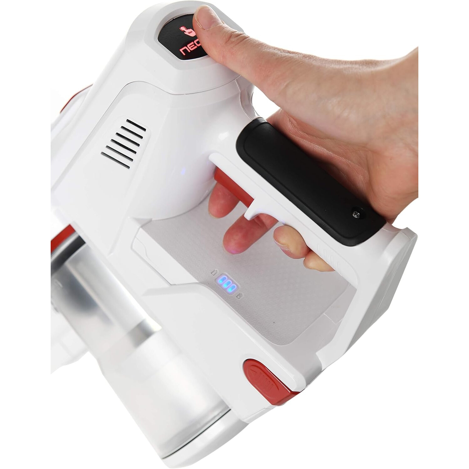 Aspirator vertical fara fir putere aspirare 15kpa, 200 W, baterie 22.2 V, autonomie 30 min, filtrare 99.9%, recipient praf 0.8 L, tub flexibil, perie cu LED, panou digital, suport perete Necchi