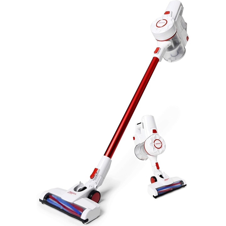 Aspirator vertical fara fir putere aspirare 15kpa, 200 W, baterie 22.2 V, autonomie 30 min, filtrare 99.9%, recipient praf 0.8 L, tub flexibil, perie cu LED, panou digital, suport perete Necchi