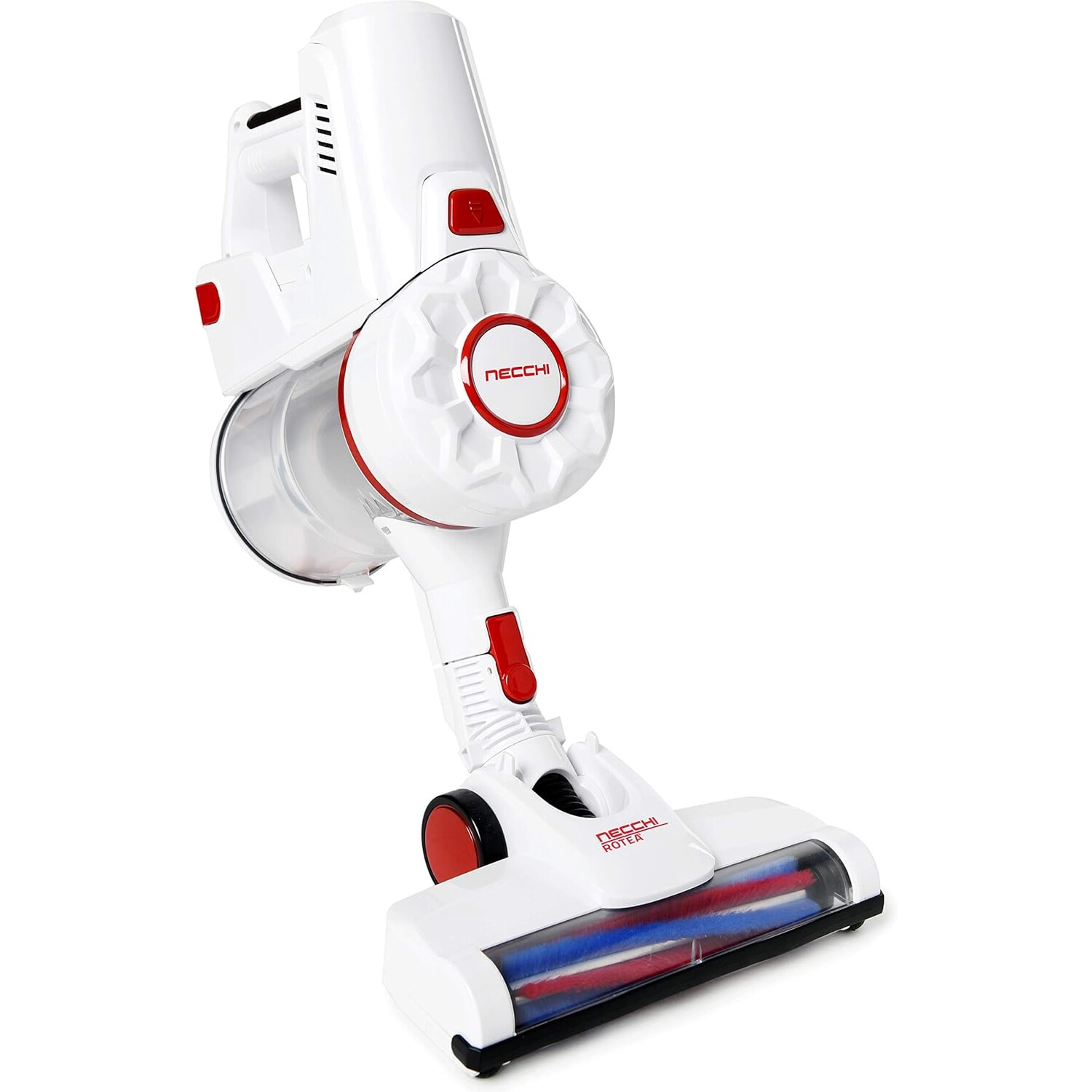 Aspirator vertical fara fir putere aspirare 15kpa, 200 W, baterie 22.2 V, autonomie 30 min, filtrare 99.9%, recipient praf 0.8 L, tub flexibil, perie cu LED, panou digital, suport perete Necchi