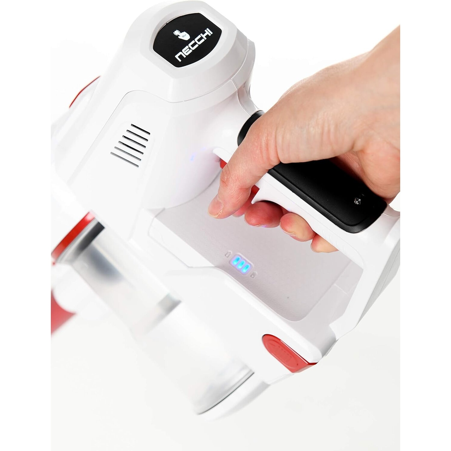 Aspirator vertical fara fir putere aspirare 15kpa, 200 W, baterie 22.2 V, autonomie 30 min, filtrare 99.9%, recipient praf 0.8 L, tub flexibil, perie cu LED, panou digital, suport perete Necchi