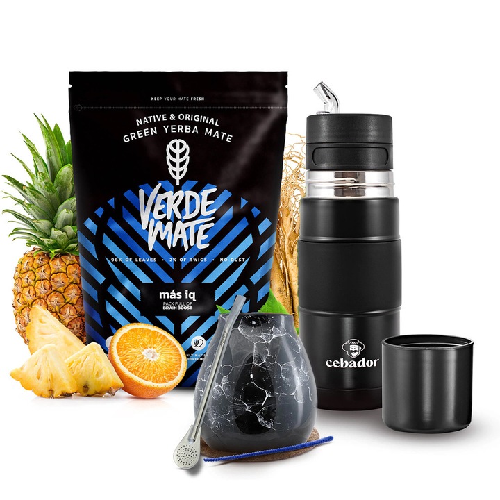 Yerba Mate Tea Készlet Verde Mate Mas IQ 500g, Yerbomos X All in One 450 ml, Bögre Fekete 300 ml, Bombilla