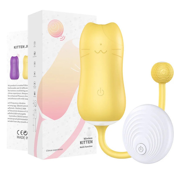 Tojás alakú, farkú cica alakú vibrátor, vezeték nélküli távirányító, sárga, TOY317-9
