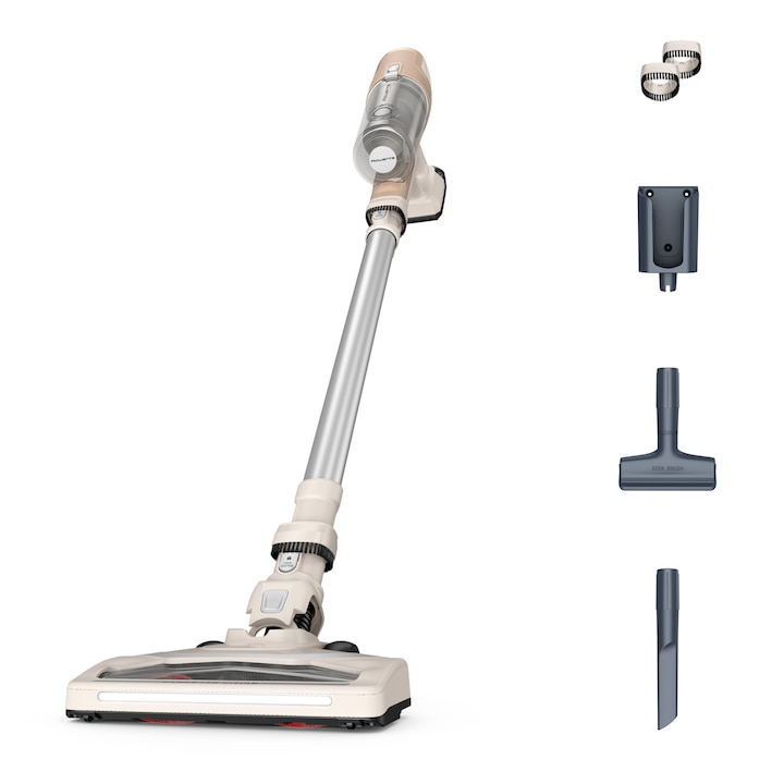 Rowenta X-Pert 6.60 Essential RH6830WO Вертикална безжична прахосмукачка, 100W, 18V, автономност 45 минути, четка с LED осветление, контейнер за прах 0.55L, функция boost, слонова кост и сребрист