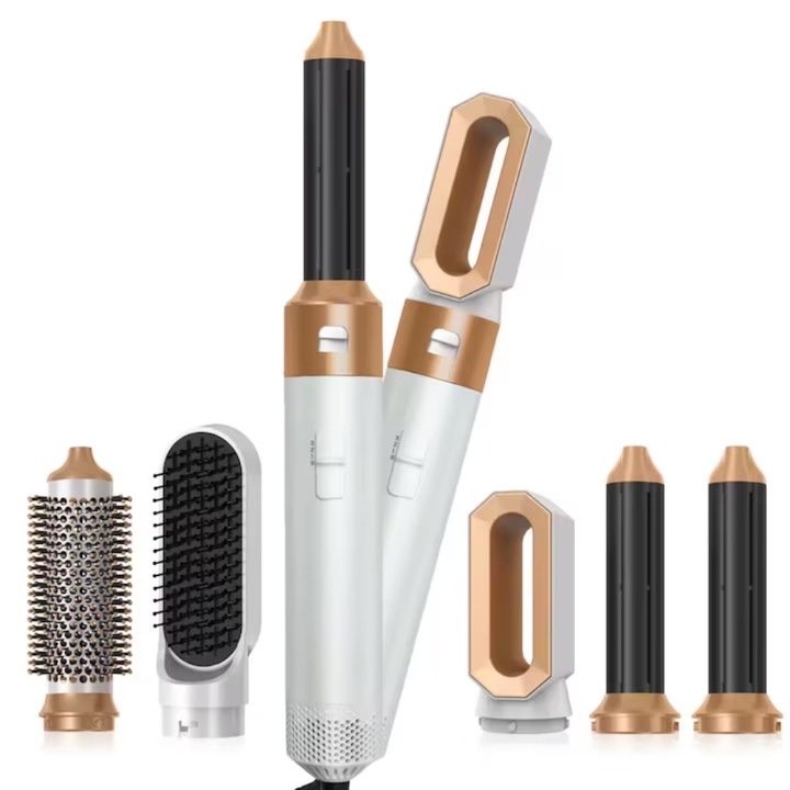 Set perie par, capete interschimbabile, incalzire rapida pentru par drept si ondulat - alb-auriu - WT-618