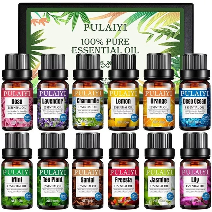 Set de uleiuri esentiale pentru aromaterapie Pulaiyi intr-o cutie decorativa - 12 buc