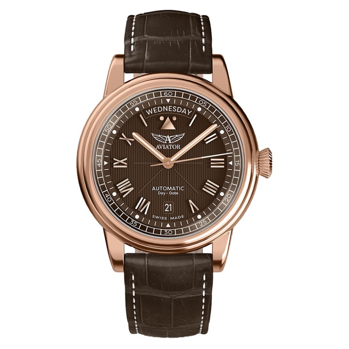 Ceas barbatesc Aviator Douglas Day Date V.3.35.2.280.4, culoare maro, dimensiune standard