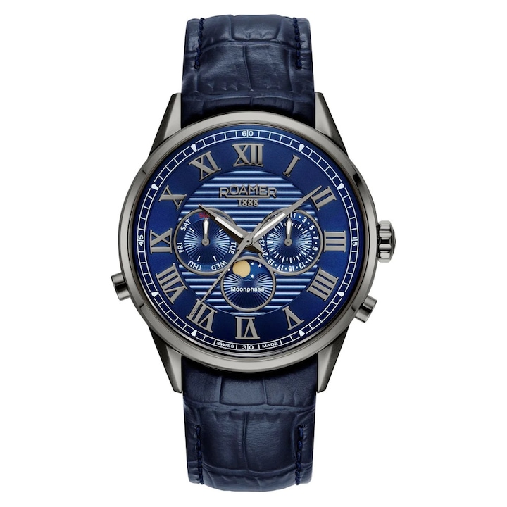 Ceas barbatesc Roamer Superior Moonphase II 513821 44 45 05, 44mm, albastru, inox