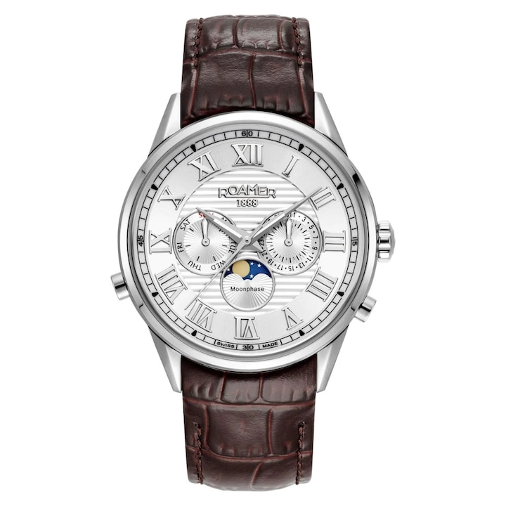 Ceas barbatesc Roamer Superior Moonphase II 513821 41 25 05, argintiu maro, inox, 41mm