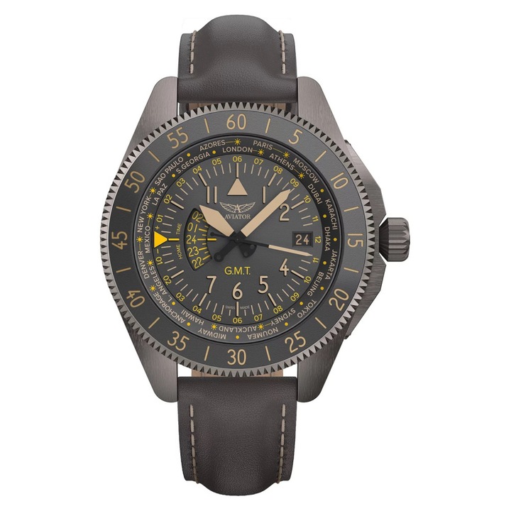 Ceas barbatesc Aviator AIRACOBRA GMT V.1.37.7.305.4, culoare neagra, mecanism automatic
