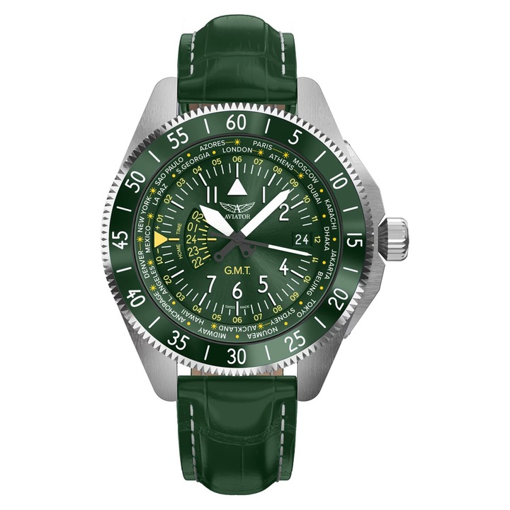 Ceas barbatesc Aviator AIRACOBRA GMT V.1.37.0.309.4, culoare verde, mecanism automatic