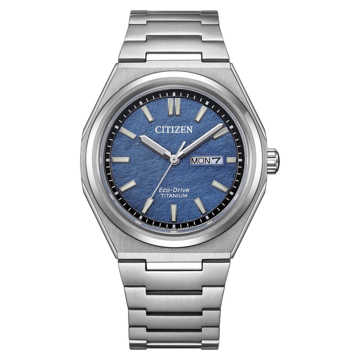 Ceas barbatesc Citizen Super Titanium Eco-Drive AW0130-85L, argintiu/albastru