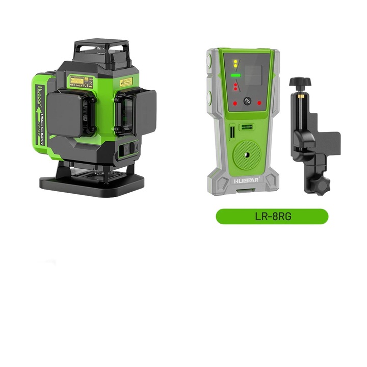 Nivel laser Huepar LS04CG, proiectie 4D, set cu detector, 2 baterii Li-ion, carcasa durabila, 30m-60m raza de lucru