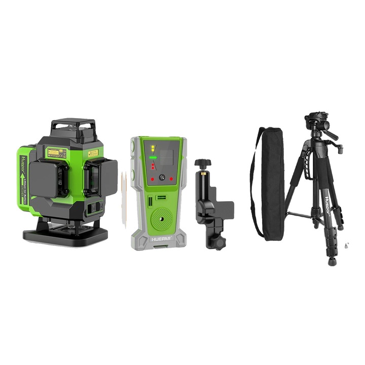 Лазерен нивелир Huepar LS04CG, 4D проекция, пълен комплект с детектор LR-8RG, статив TPD14A, твърд калъф, две Li-ion батерии