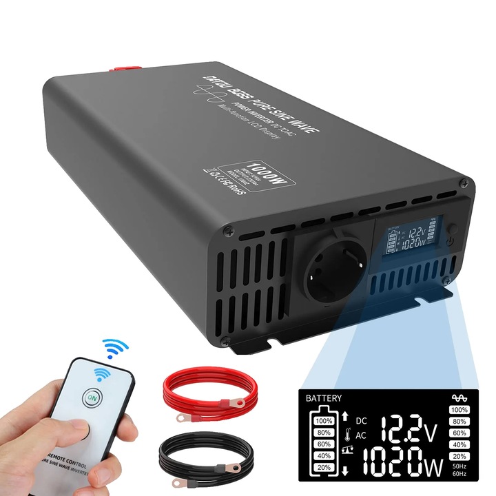 Inverter 12V - 220V, 1000W, konverziós hatásfok 90%, LCD kijelző, piros és fekete kábel