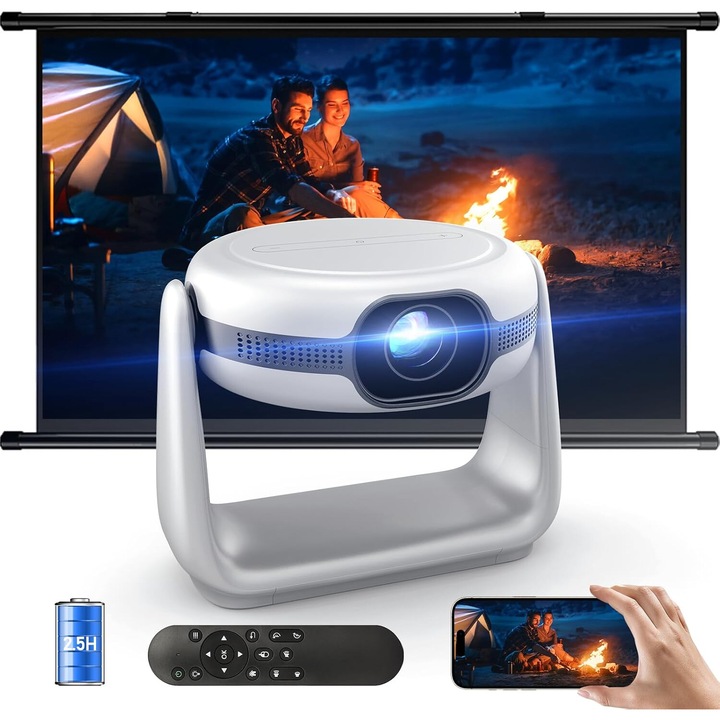 Hordozható videoprojektor beépített akkumulátorral, WiFi 6, Bluetooth, Full HD 1080P, Android TV, 4K támogatás, automatikus élességállítás, trapéztorzítás korrekció, kontraszt 1300:1, 320°-ban állítható állvánnyal
