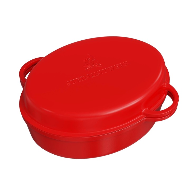 Steinzeitwerk edény fedővel zománcozott öntöttvas, 6 l, 8 kg, 2 az 1-ben, sütőhöz, tűzhelyhez, gáz, elektromos, indukciós, ovális, 35x25x17 cm, Piros